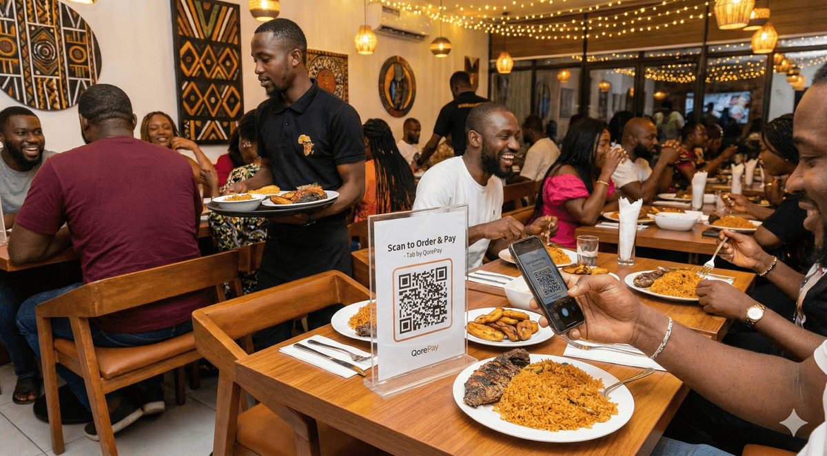 Group of stylish friends dining at an upscale restaurant in Lagos, using a smartphone to scan a table QR code for contactless payment.