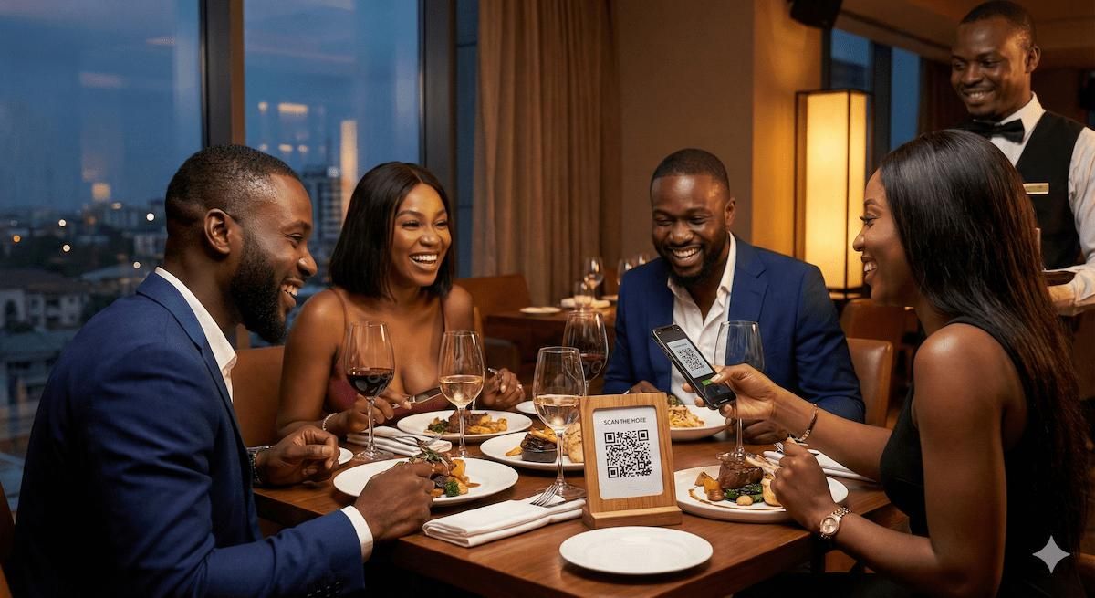 Group of stylish friends dining at an upscale restaurant in Lagos, using a smartphone to scan a table QR code for contactless payment.