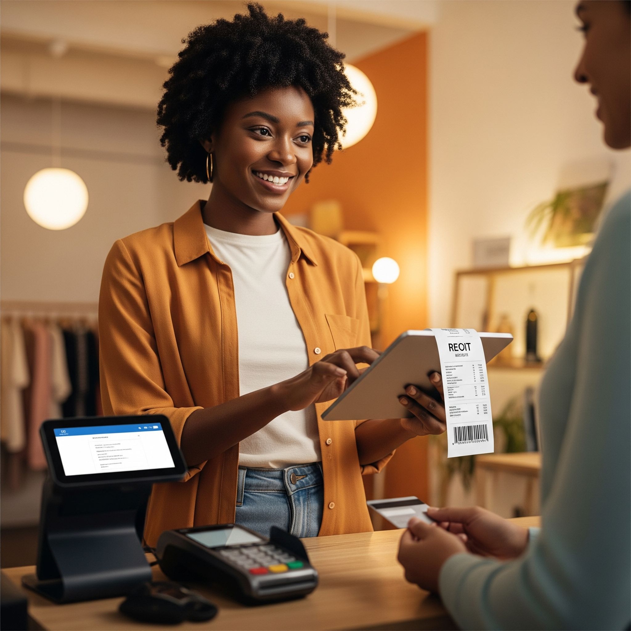 A smiling Black female entrepreneur uses a tablet to process a seamless payment for a customer in her modern retail shop, illustrating efficient payment processing for small businesses.
