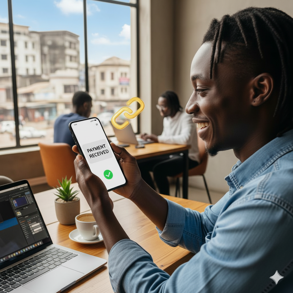 A smiling Black man with dreadlocks sits at a table in a cafe, looking at his smartphone. The phone screen displays "PAYMENT RECEIVED" with a green checkmark. A golden link icon floats above the phone. In the background, other people are visible, and outside the window, there's a cityscape under a blue sky.